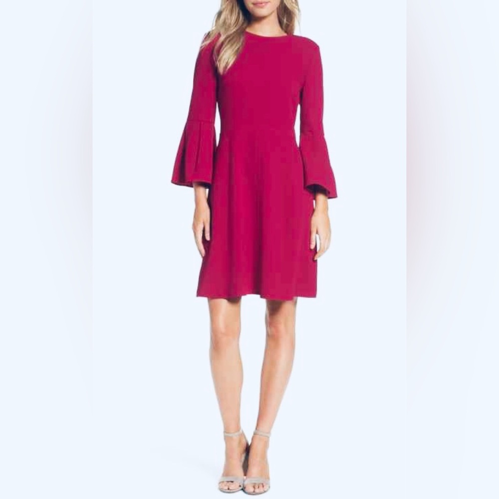 ELIZA J Pink Short Dress Bell Sleeve Mini Fit Flare Crew Scoop Neck Wedding 4